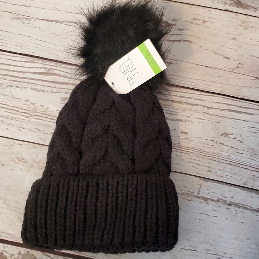 Time and Tru women's Repreve recycled materials pom pom beanie black